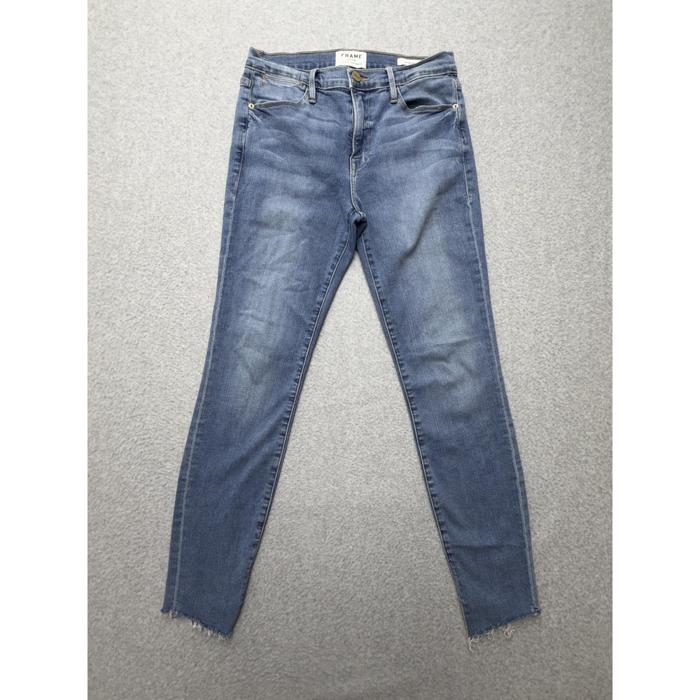 Frame Le High Skinny Jeans Womens 27 Blue Med Wash High Rise Raw Hem Stretch